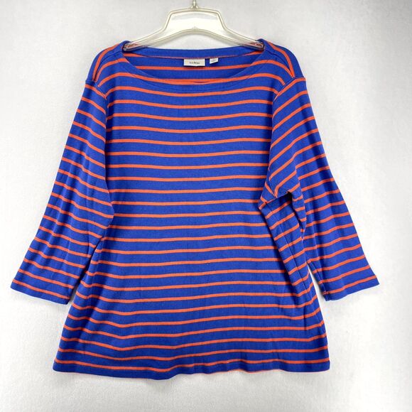L.L. Bean Tops - L.L. Bean Blue/Orange Striped Three-Quarter Sleeve Cotton T-shirt Ladies Size 2X